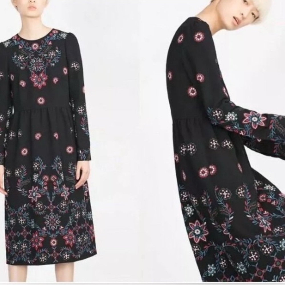 Zara Midi Floral Runways Fav Embroidered Long Sleeves Black Dress M - Picture 4 of 13